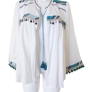 NWOT Chico's Open Front Top Jacket Tassel Tie Coin White Teal Sz 0 Small